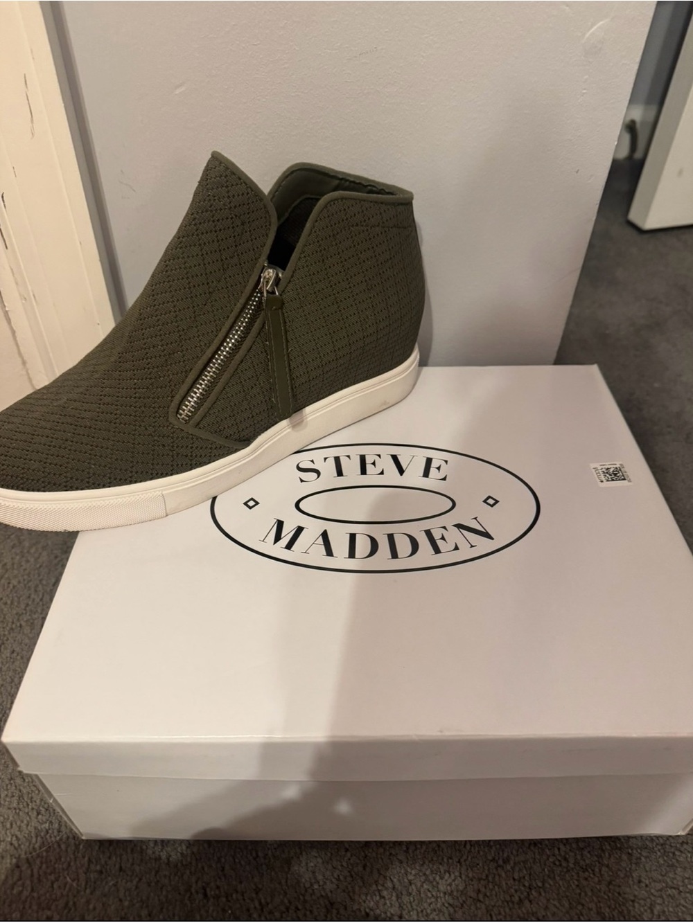 Steve Madden Olive Knit Wedge Sneaker with Side Zip Detail